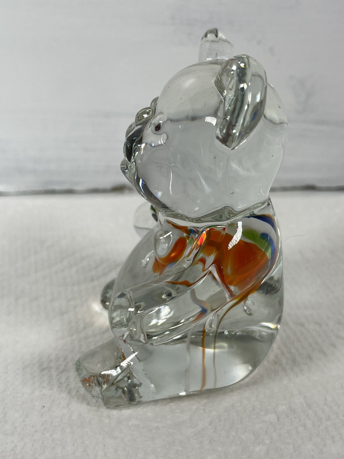 Glass Bear Paperweight Clear Glass with Colored Glass 3 inches tall