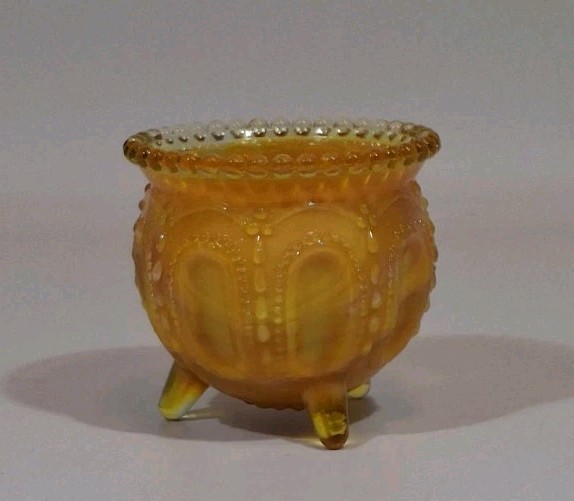 Boyd Glass Gypsy Pot Cauldron Toothpick Candle Holder Yellow Orange Slag UV Glow