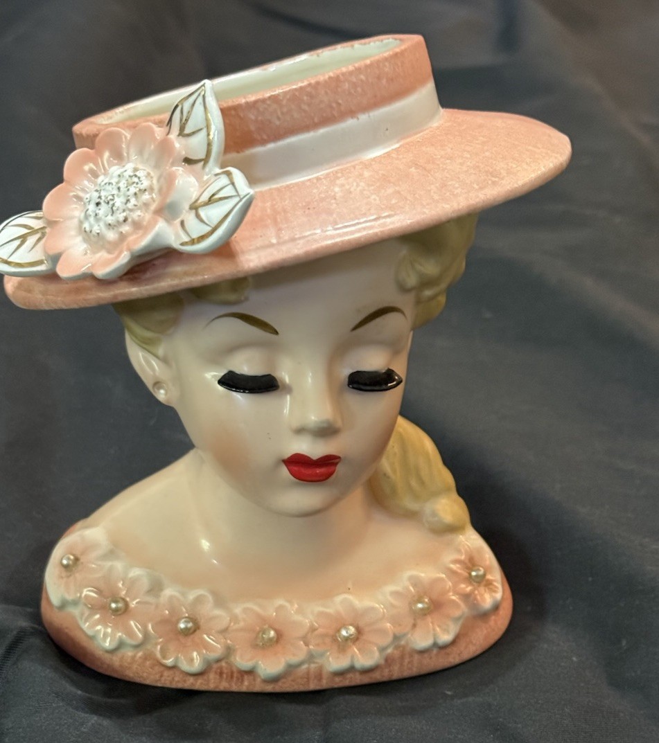 RUBENS # 499 BLOND LADY head vase FOIL RUBENS LABEL FLORAL HAT & DRESS 6 INCH