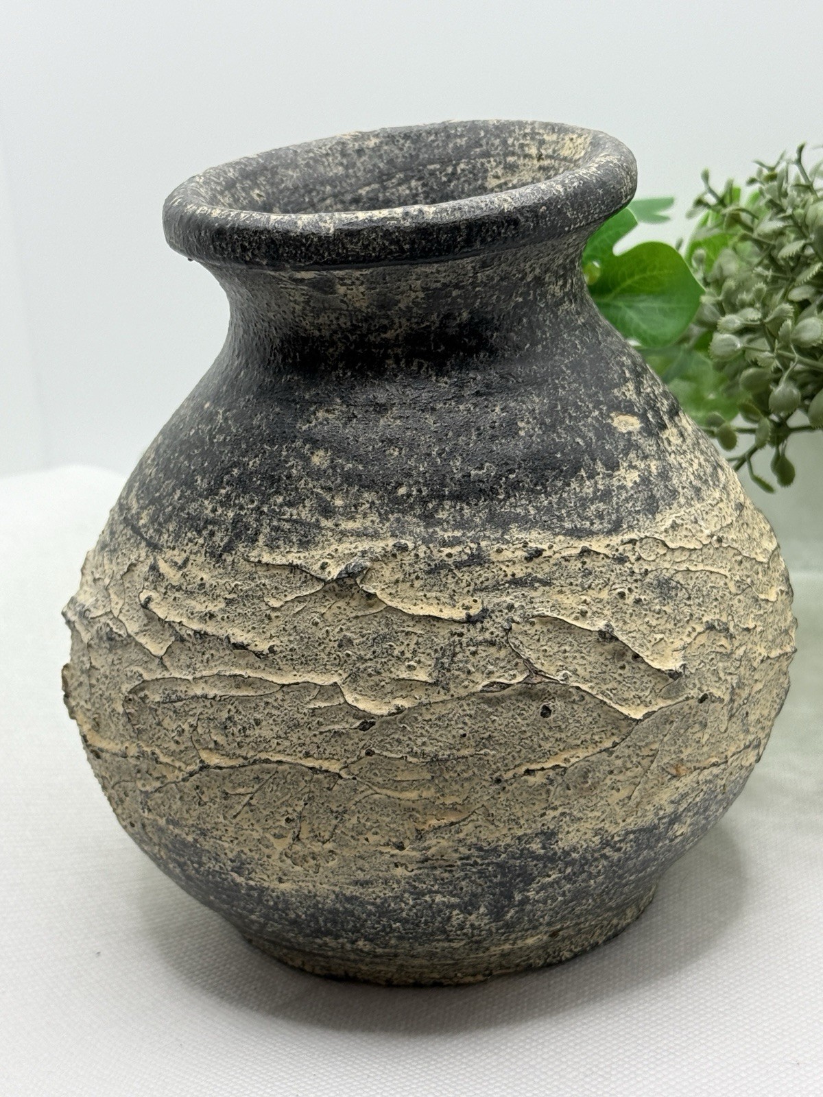 Vintage Hand Thrown Textured Rustic Clay Vase/Planter In Gray And Cream