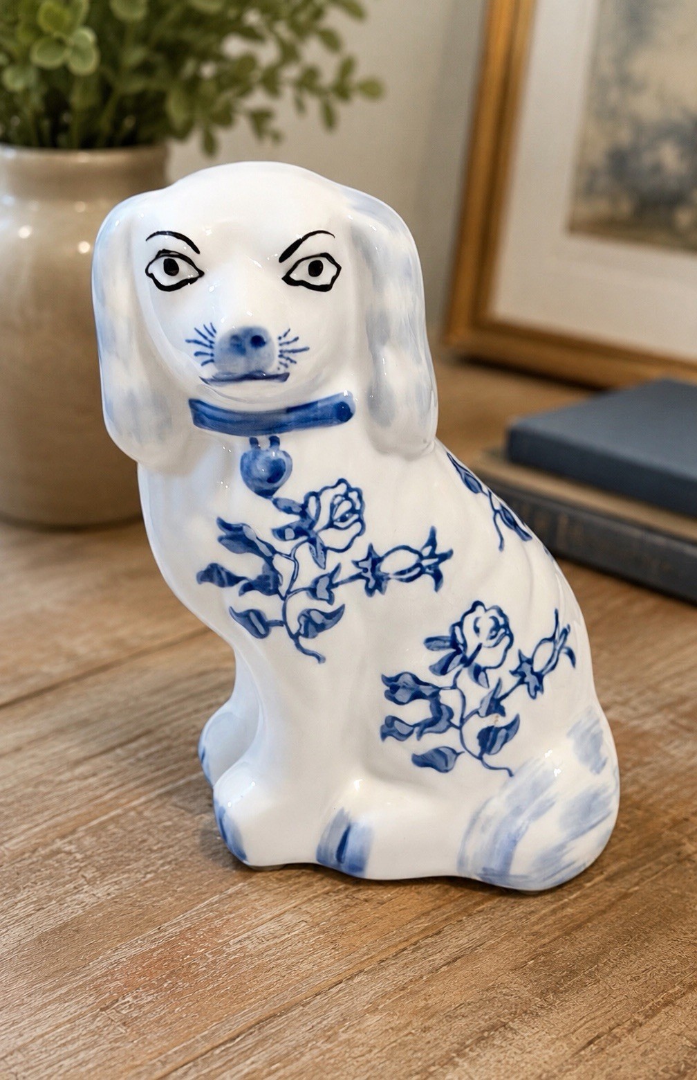 Staffordshire Reproduction Spaniel Blue Floral Dog Statue Figurine 6”