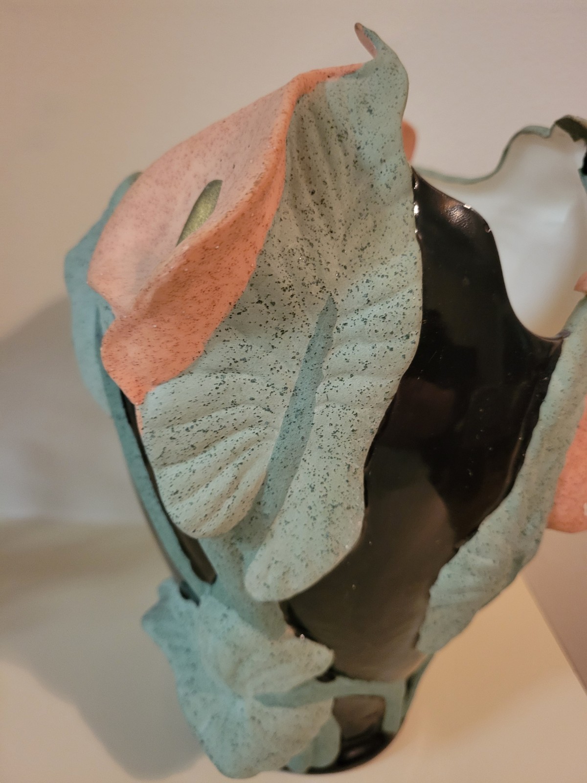 Postmodern Studio Pottery Calla Lily Vase Black Glossy MintGreen Peach 1990s Art