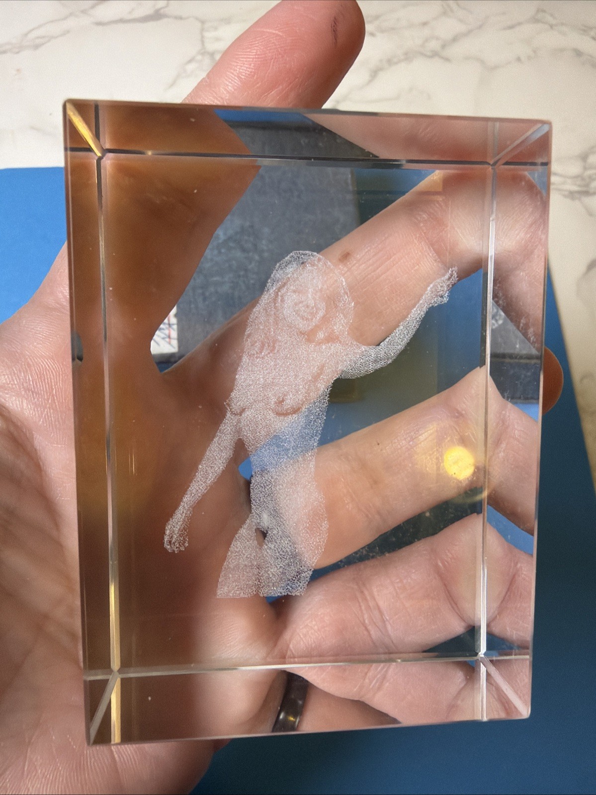 Risque Vintage Crystal GLASS PAPERWEIGHT Nude Lady Pinup Novelty Laser Etched
