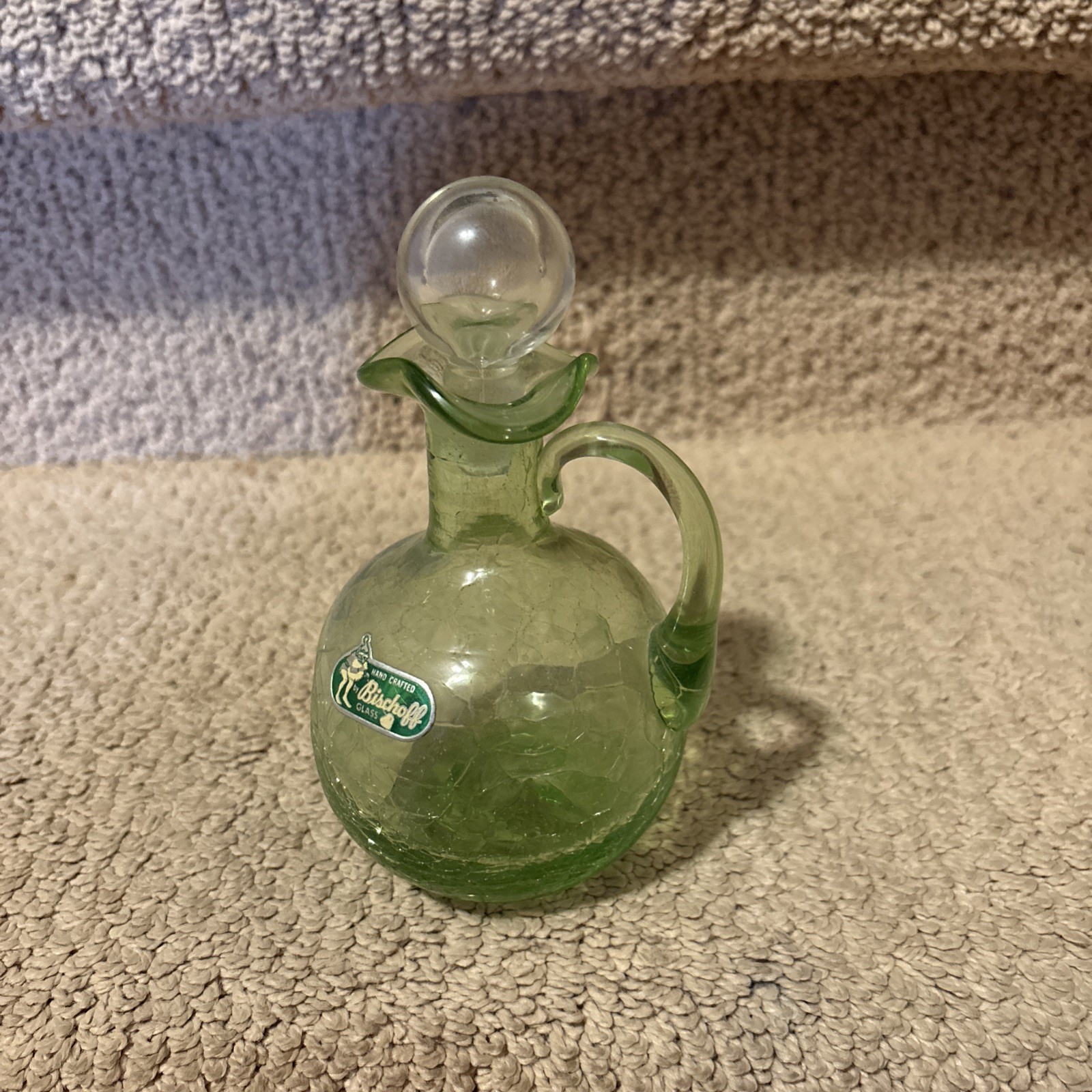 BISCHOFF Green Depression Crackle Art Glass Bottle DECANTER + Label Rare Item