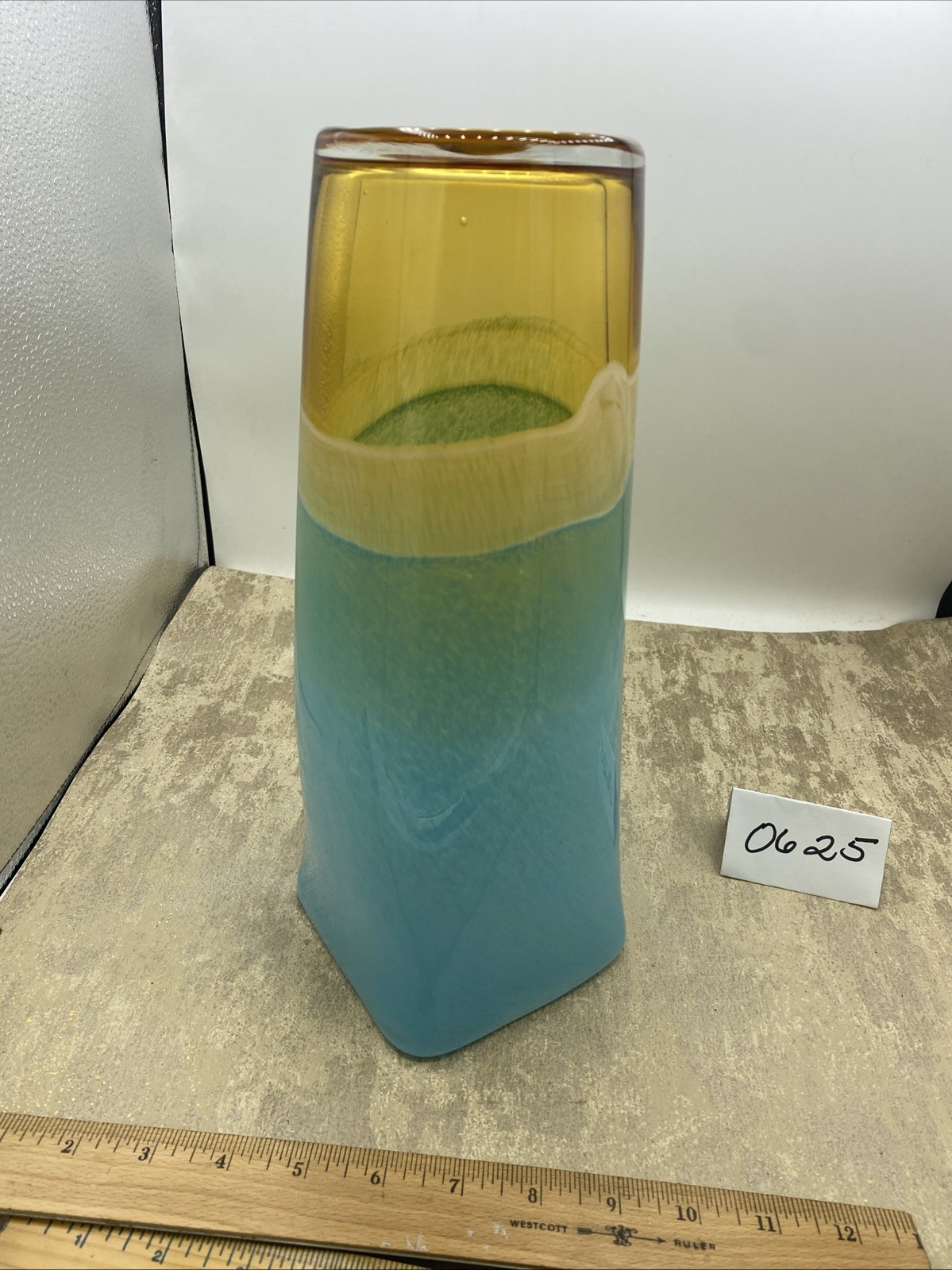 Turquoise, White & Amber Frosted Heavy Hand Blown Glass Vase 4 1/2” D 12 1/2” T