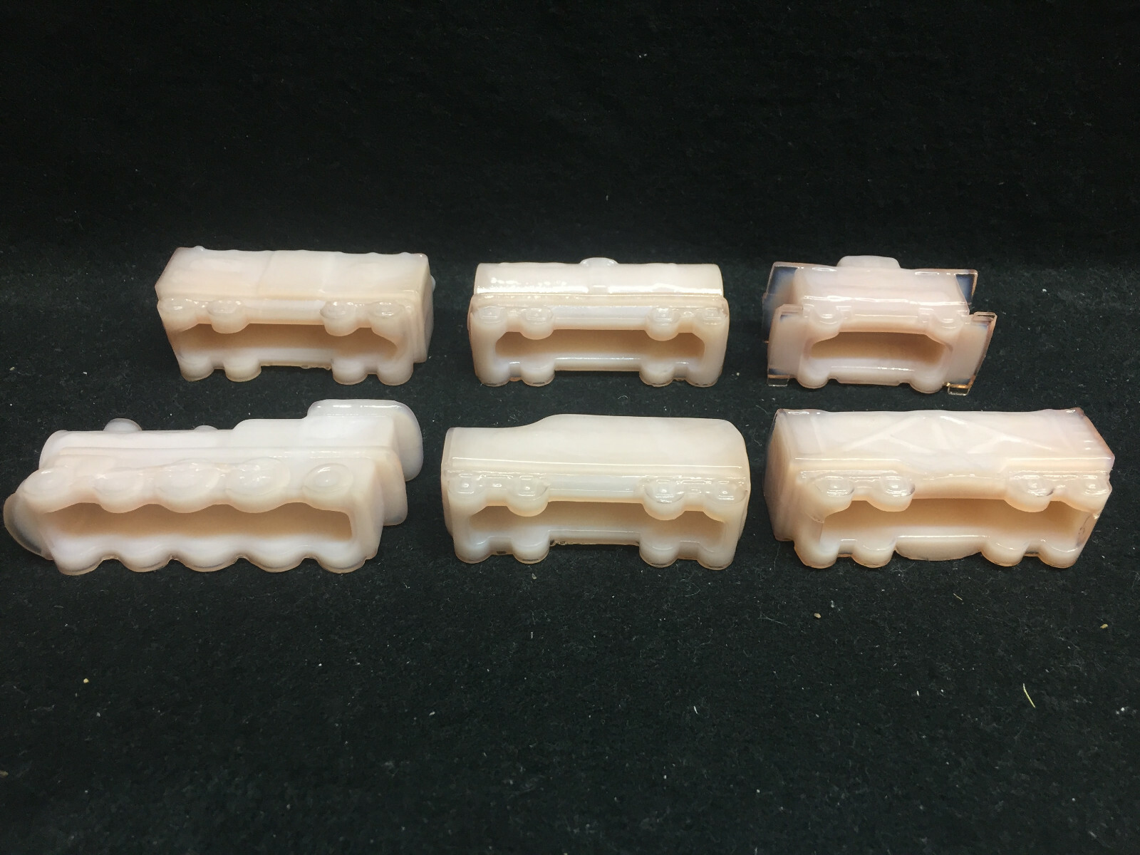 Pink milk crown tuscan glass Train set steam engine / tanker car railroad lot RR