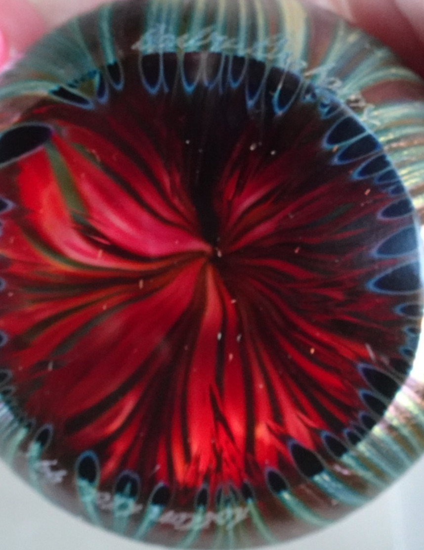 Signed Lotton Ltd 1999 Darby Graham Studio Glass Pulled Feather Paperweight RED