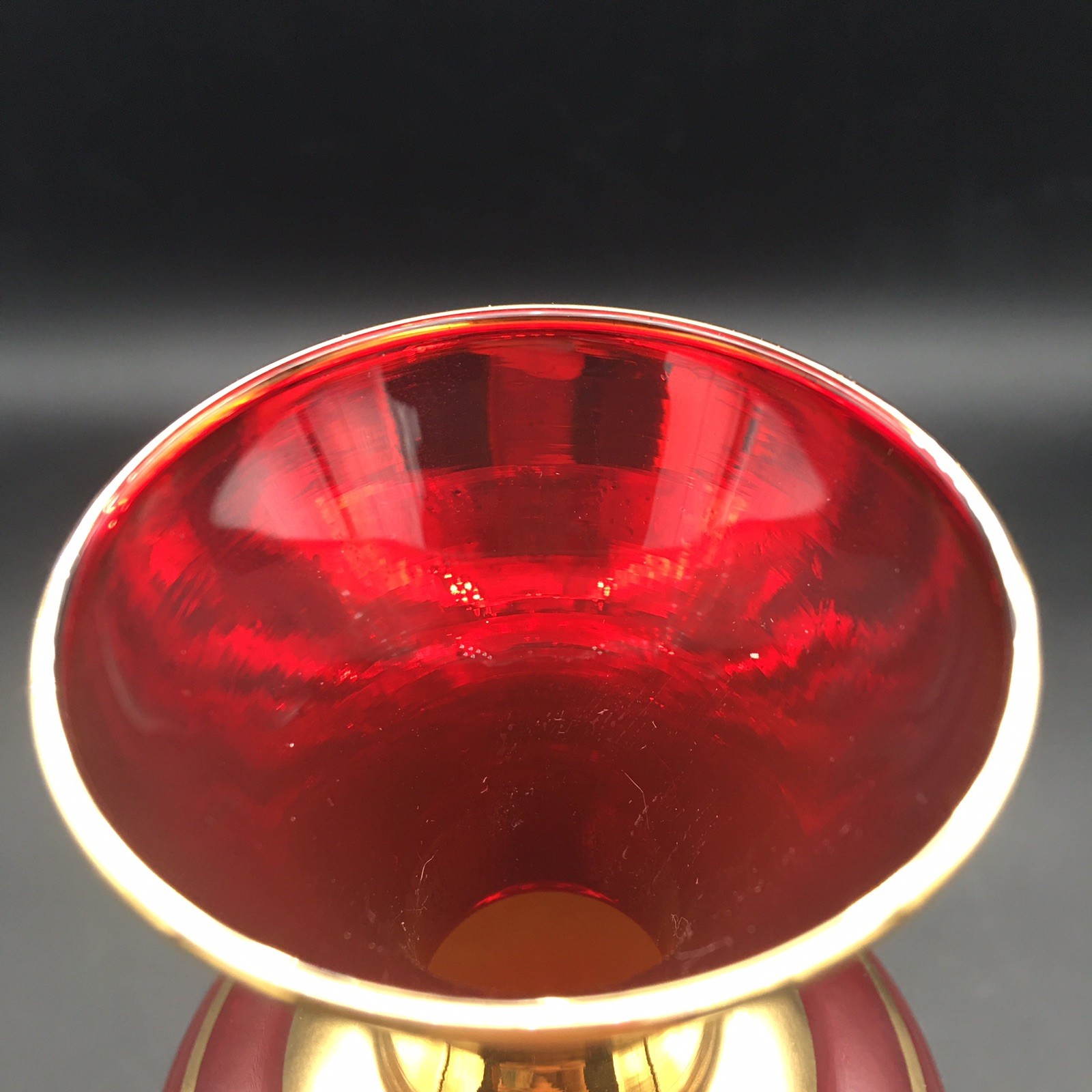 Vintage Japanese Ruby Glass Trumpet Vase Gold Trim Porcelain Flowers 11”