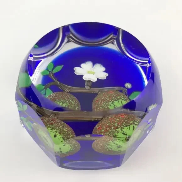 Perthshire 1988D Green Apples Flower Blossom Branch Faceted Fruit Paperweight