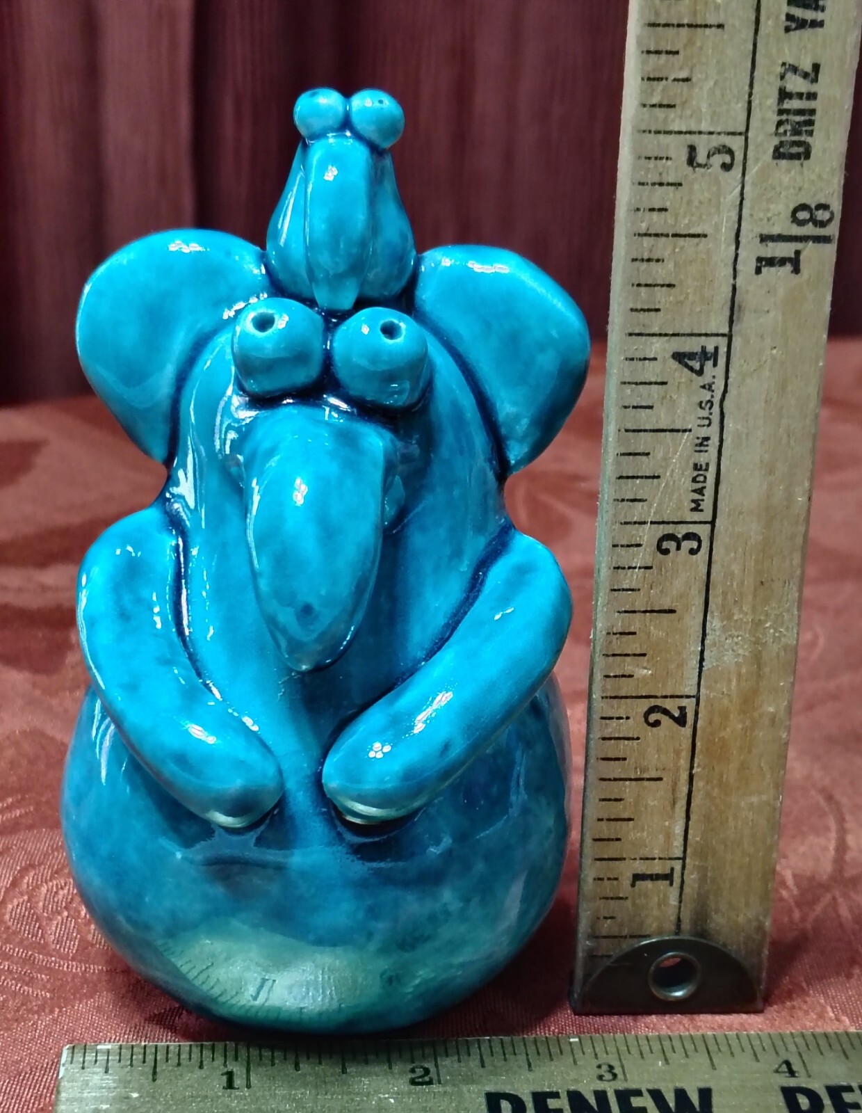 Pottery Art Friendly Elephant Monster & A Friend Figure Signed James Lin 1997