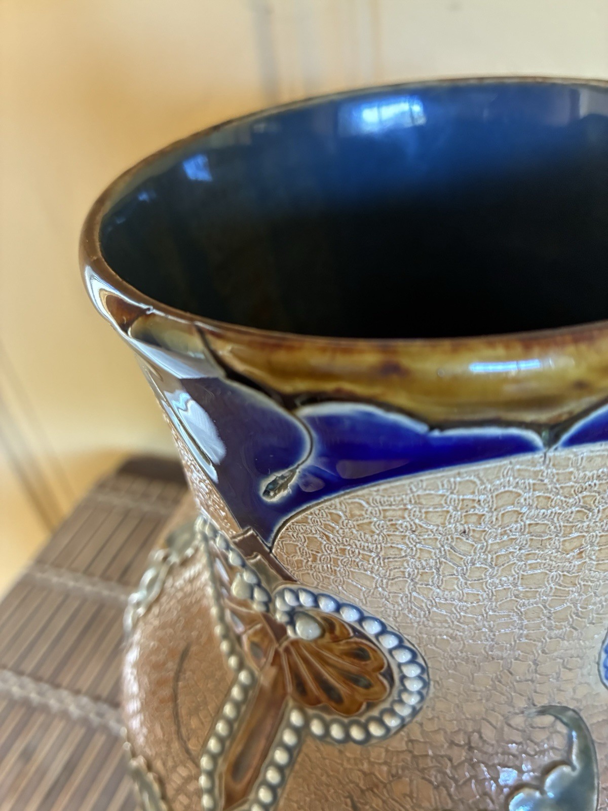 Victorian Doulton & Slater Art Pottery Floral Vase Ceramic Brown Blue Carvings