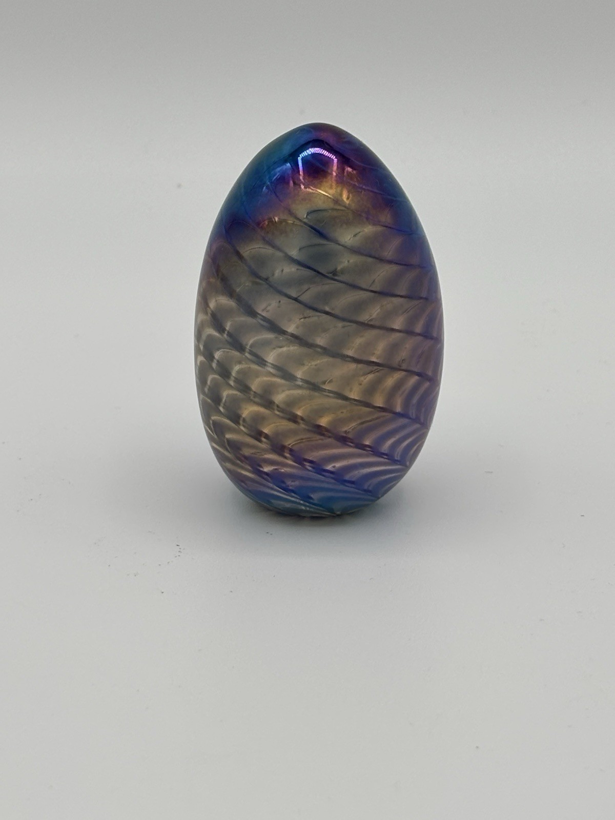 Mount St. Helen Art Glass Egg Paperweight Marked MSH 83 Iridescent blue purple