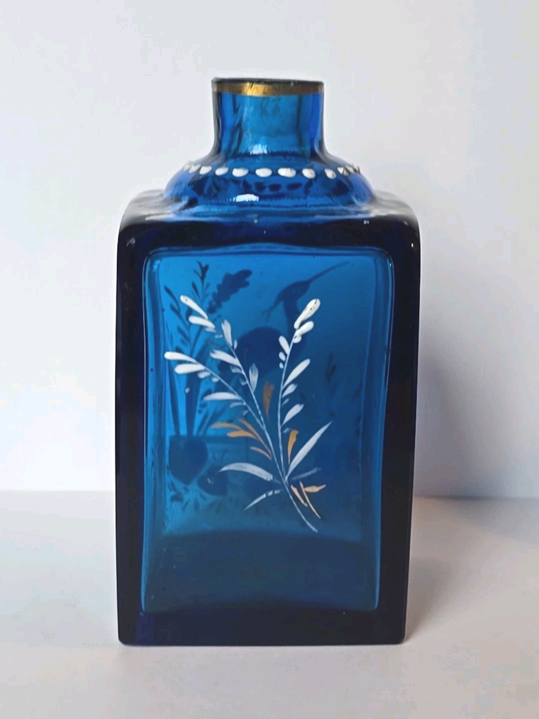 Cobalt Antique Bohemian Glass Dresser Bottle Enamel Decoration Of Heron In Marsh