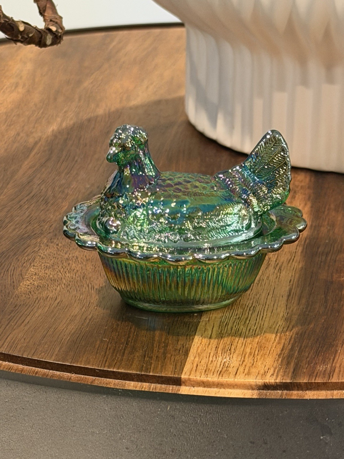 Mosser Vintage Glass Mini Hen On a Nest Iridescent Pearl