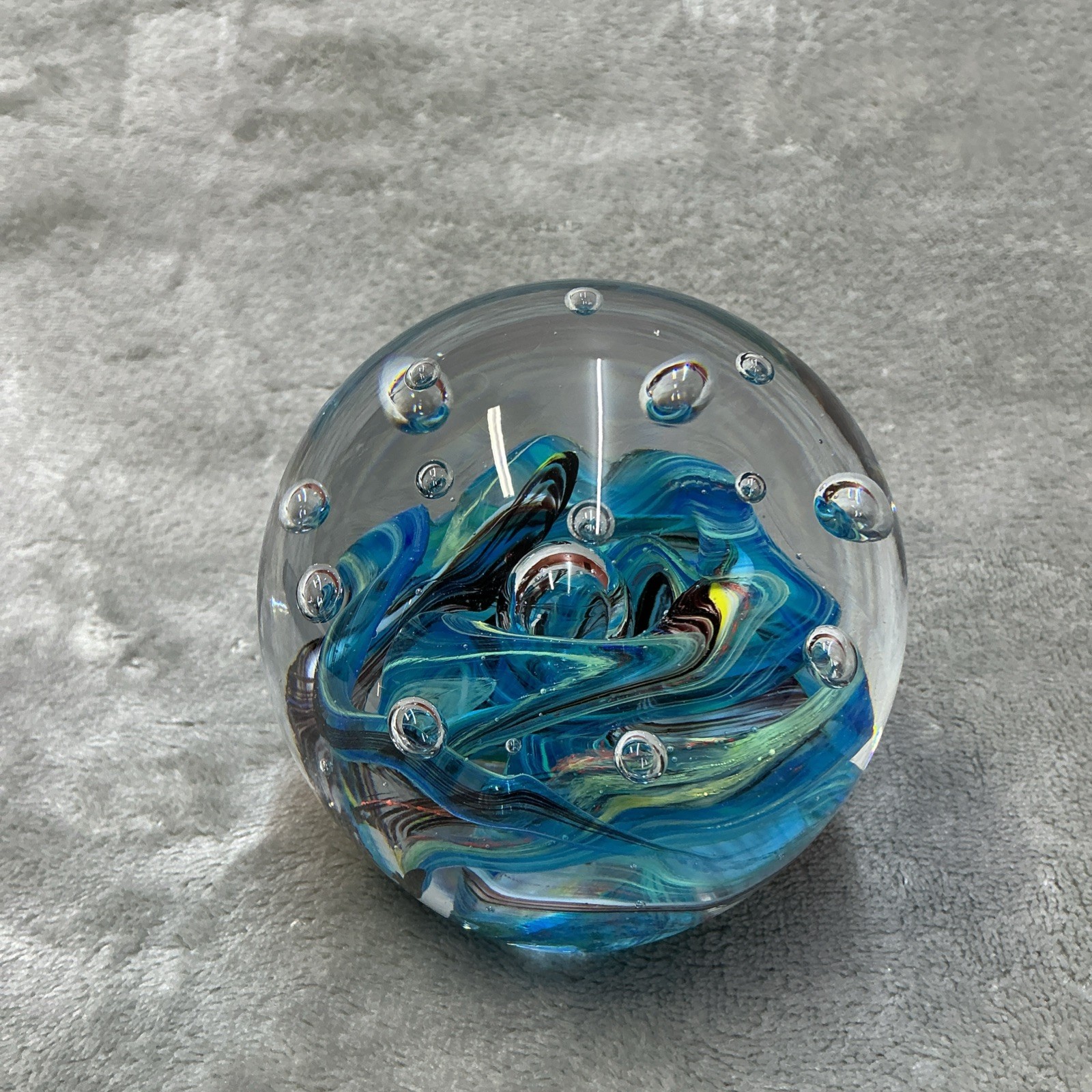 Dynasty Gallery Heirloom Collectibles Paperweight blue green swirls with bubbles