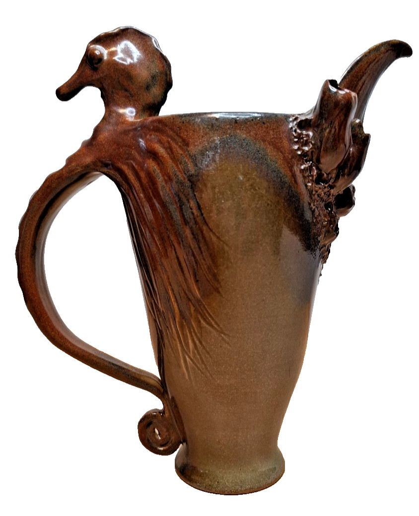 Ruben Ruiz Pottery Signed Pitcher Nautical Seahorse Coral Barnacles Vase Rare