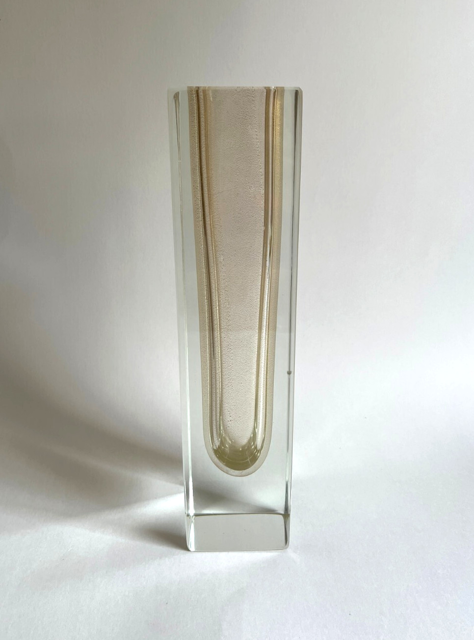 Vintage MCM Flavio Poli Murano Sommerso Cube Vase Clear Gold Stardust 11.75″