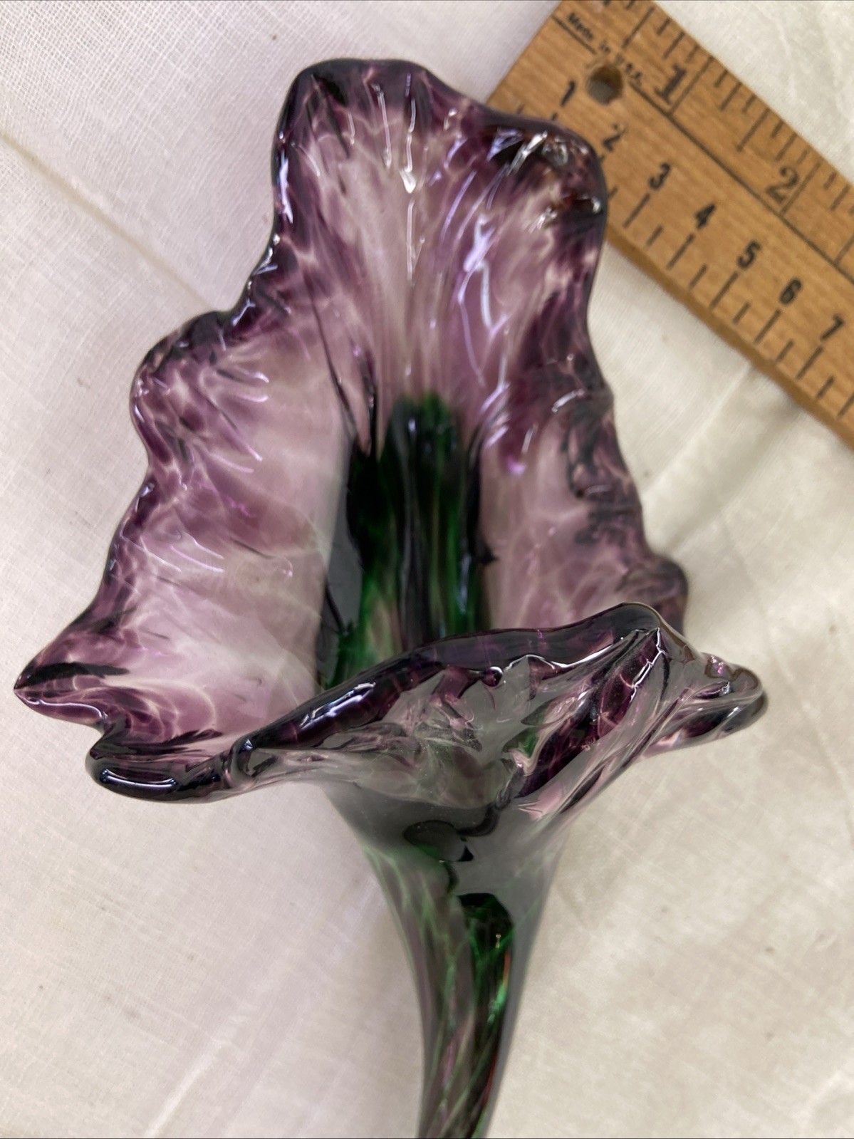 Two Vintage Handblown Art Glass Flowers Pink Purple & Green