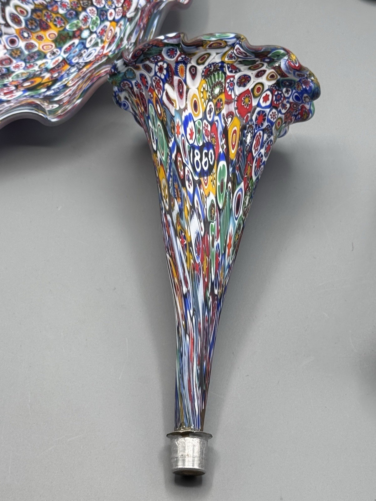 Murano Millefiori Epergne Art Glass 3 Horn Centerpiece Vase 1860 Cane 11.5”