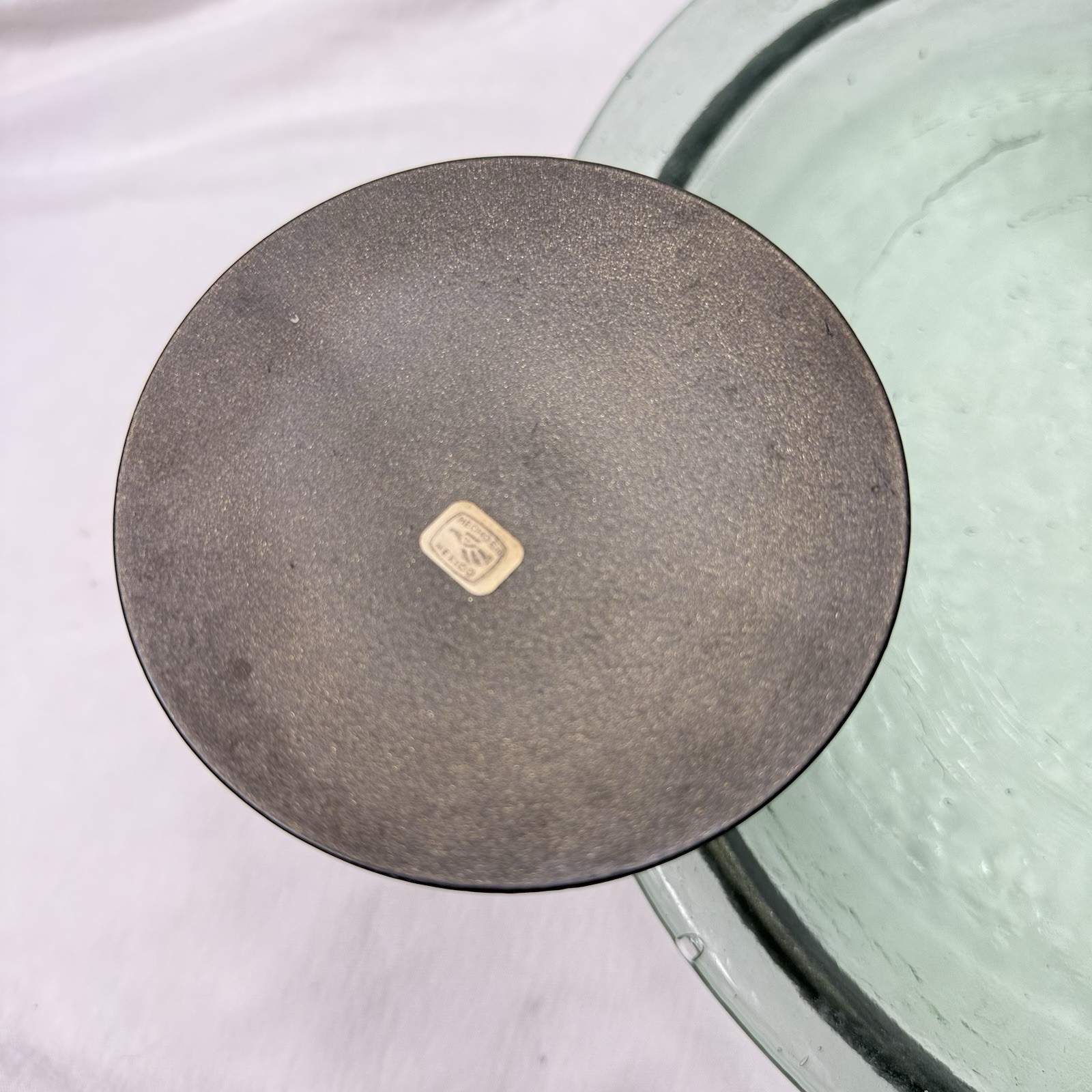 Tuscan Vintage 17″ Mexican Blown Green Glass Platter Iron Candle Centerpiece