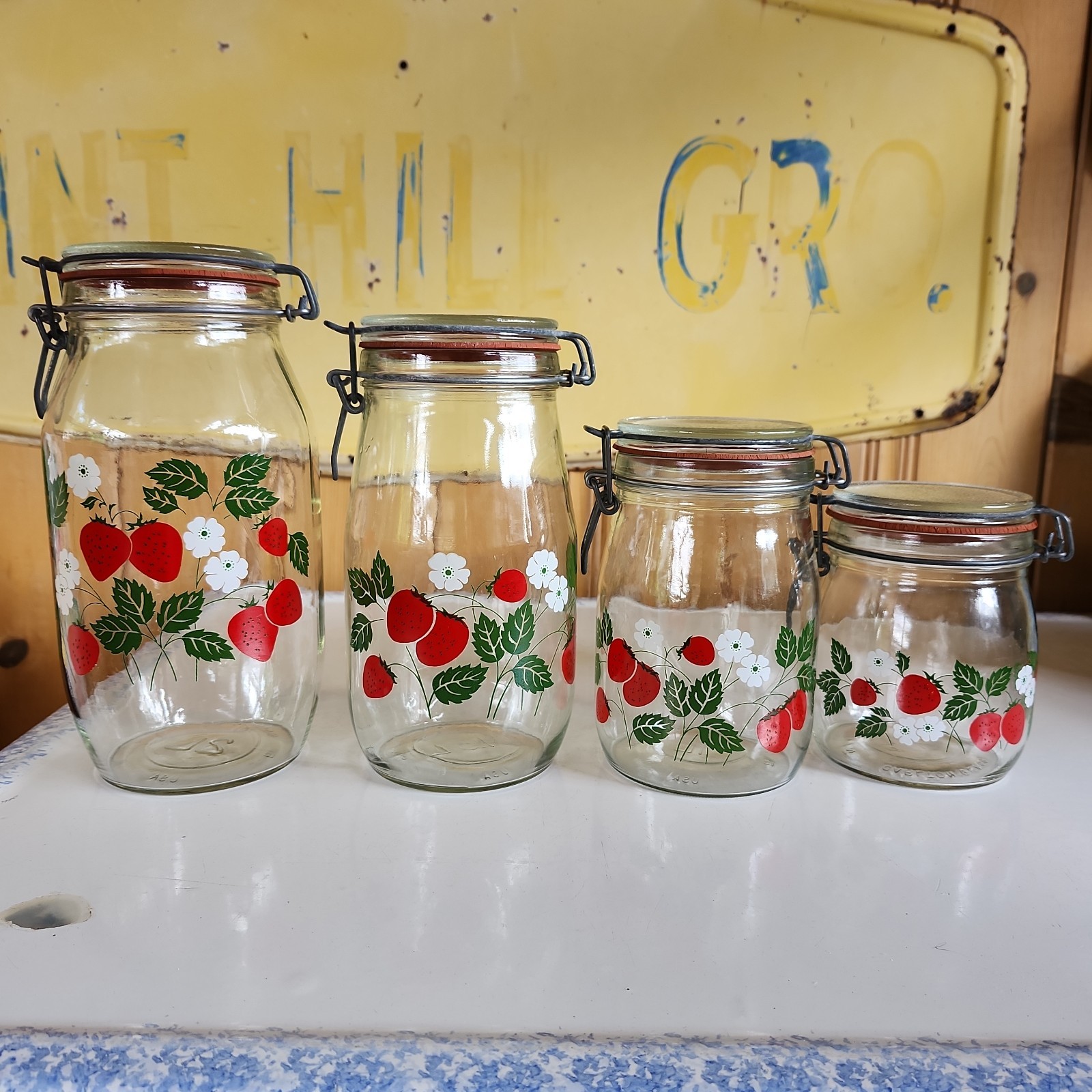 4 Carlton Strawberry Blossom Glass Canister Jars Set Wire Clamp Lid