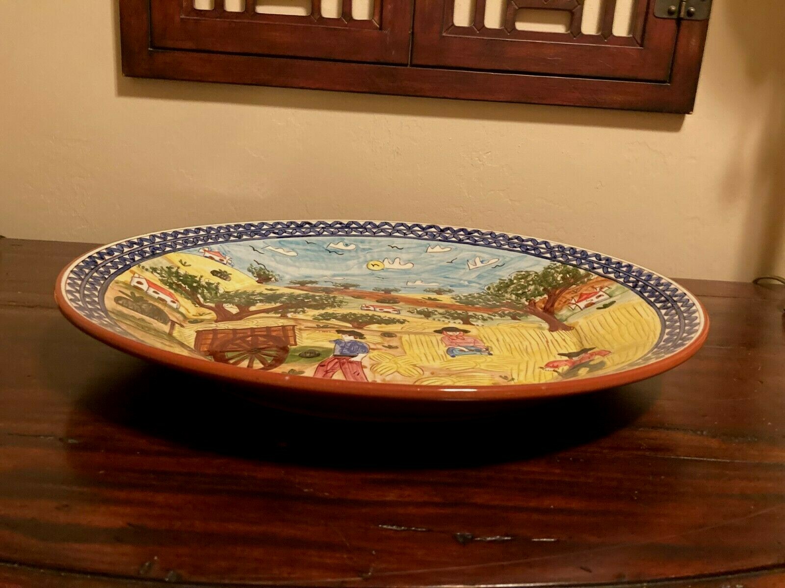 18″ FOLK ART HAND PAINTED PLATTER FARMING SCENE ~Terracotta~Signed