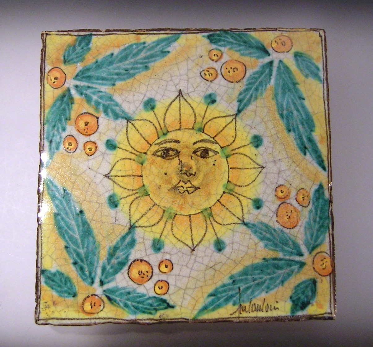 Vintage MCM Fratantoni Italy Sun Terracotta Glazed Tile Wall Plaque 7.75 in