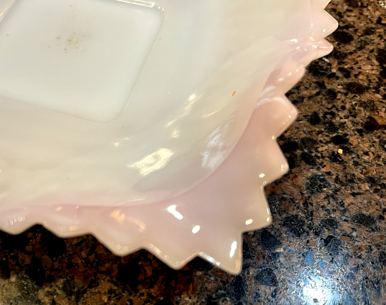 Indiana Glass Diamond Point Square Dish White/Pink Ruffled Sawtooth Edge