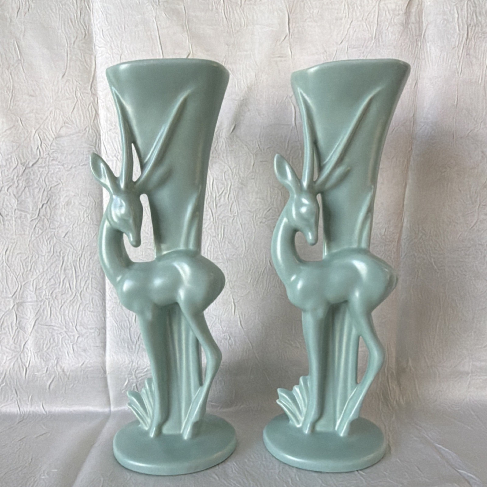 Haeger Ceramic Mint Green Antelope Vases Pair