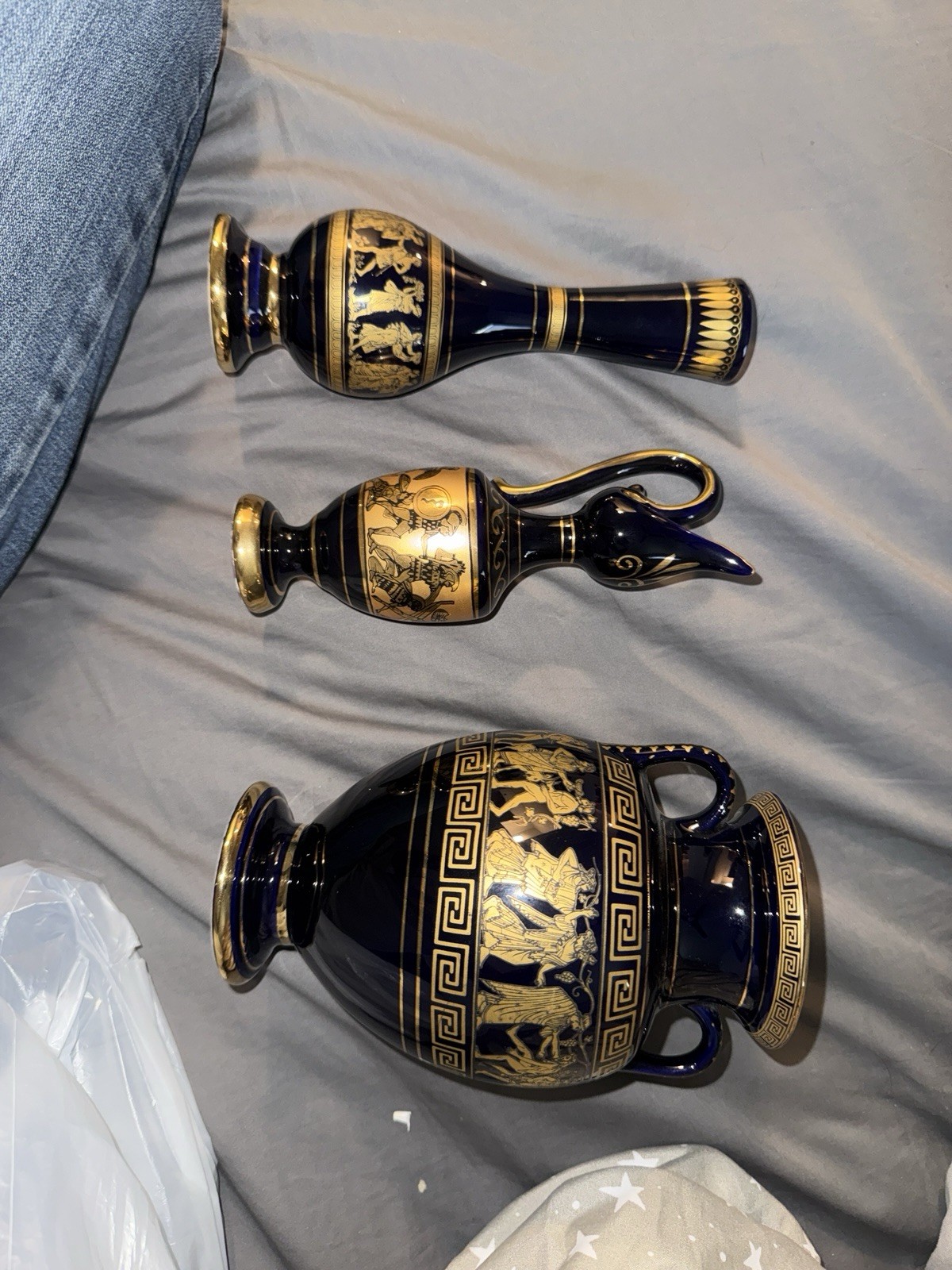 Greek Cobalt Blue & 24K Gold Greek Key Hand Painted Ceramic Vase Set, 3pc