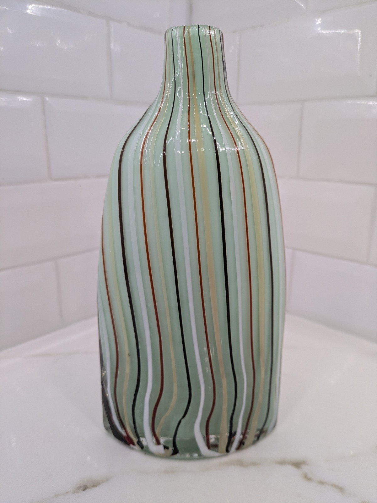 Green Cased Blown Art Glass Bottle Flat Vase Red White Black Applied Stripes 10″