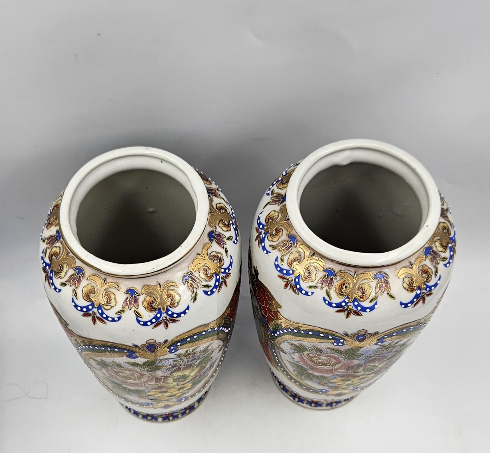 Vintage Chinese Famille Rose Hand Painted Porcelain Raised Relief Vases 8.5″