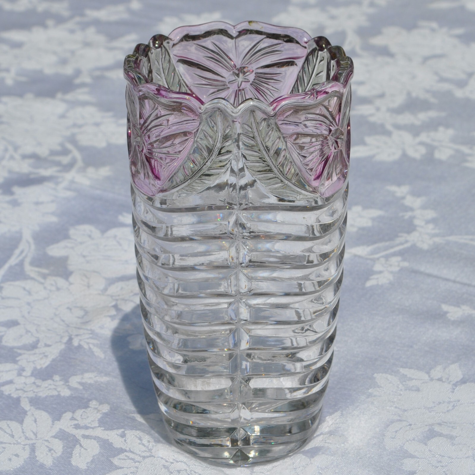 Purple Flowers Vase Anna Hutte Bleikristall 24% Lead Crystal Iridescent Ribbed