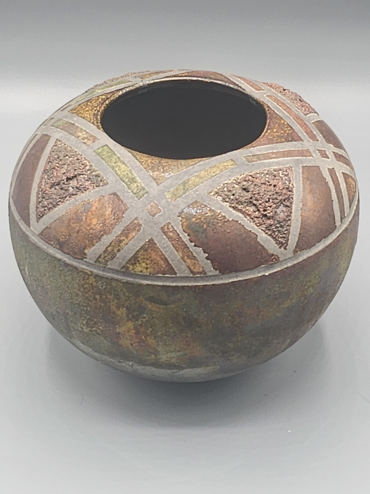 Raku Art Pottery Vase Iridescent Hues Hand Thrown, Signed Geometry