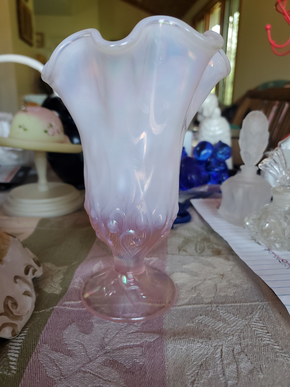 FENTON OPALESCENT 7″ HANKERCHIEF FOOTED VASE W/LILY OF THE VALLEY BASE PATTERN