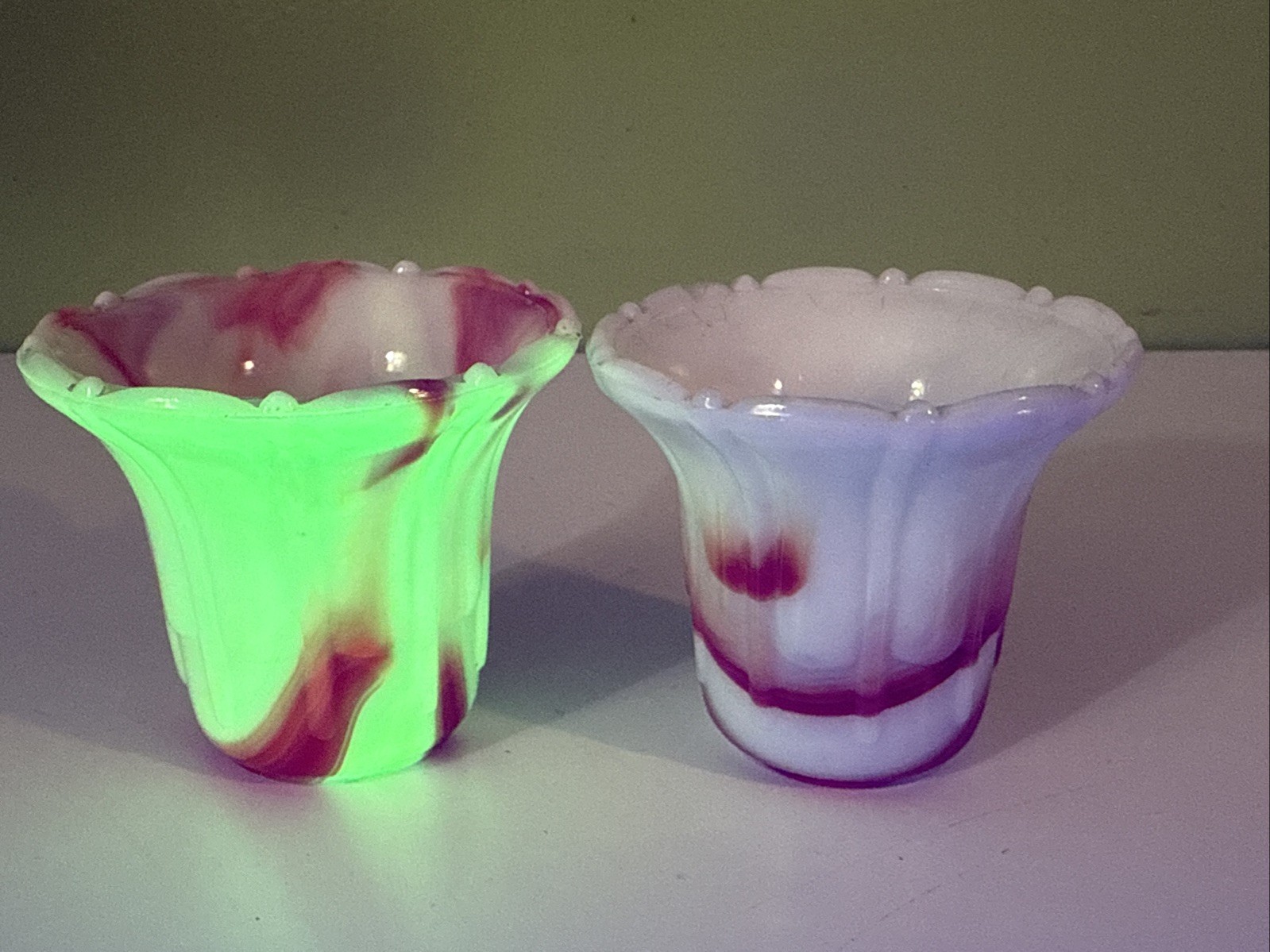 Vintage Akro Agate Glass Vases Planters Orange White Swirl Slag -1 Glows Uranium