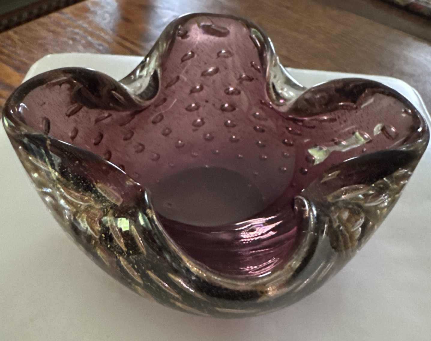 Vintage Murano Art Glass Bowl/Ashtray Purple with Gold Flecks, 3 1/4”