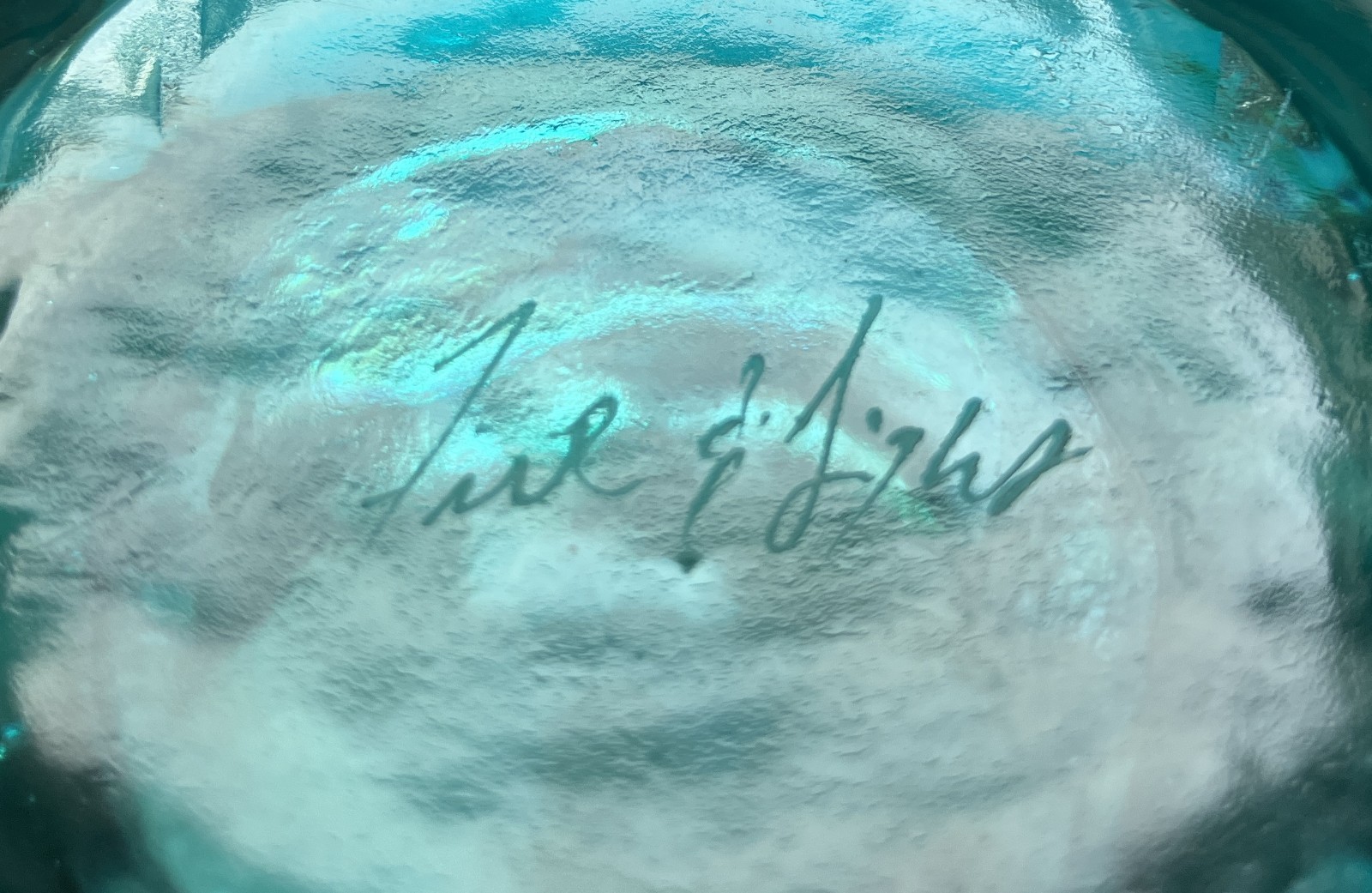 Fire & Light Teal Blue Tea Light Votive Candle Holder Recycled Glass Signed 6”