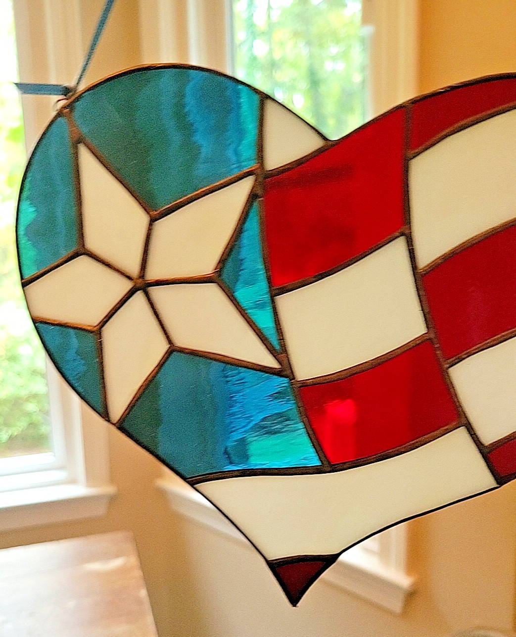 American Heart Shaped USA Flag-Stained Glass-Red, White & Blue Suncatcher