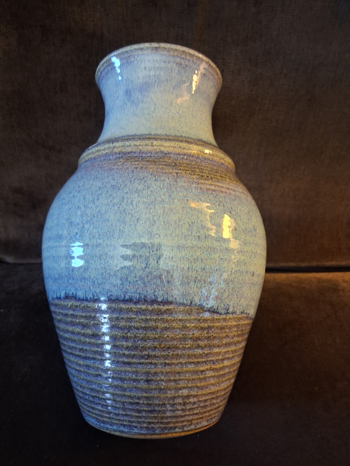 Ceramic Vase by Candoza, Blue and Gray, Glazed 9.5 inches Tall, Signed.