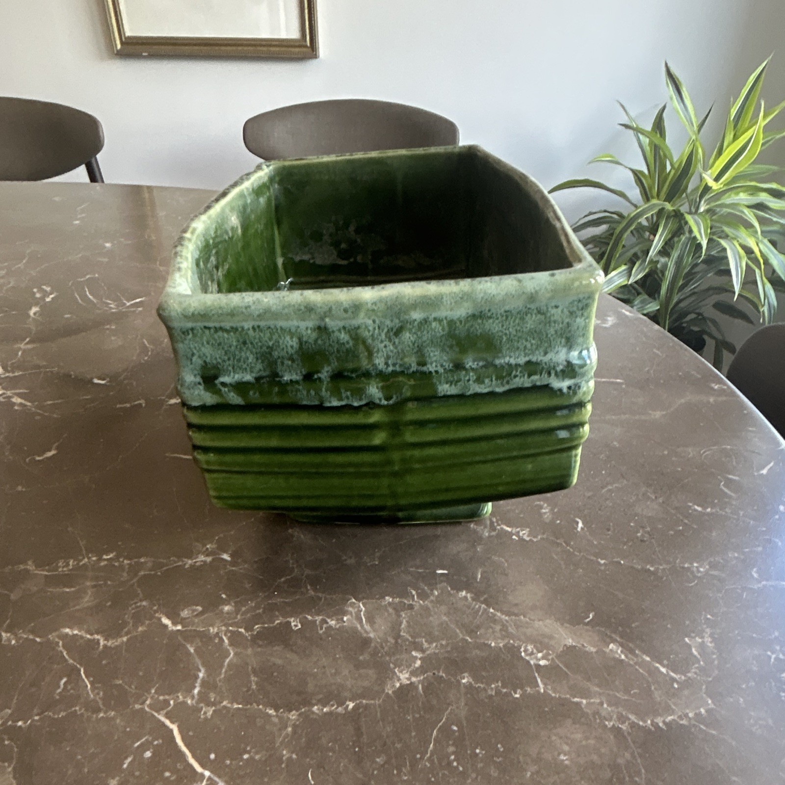 Green Ceramic Rectangular Planter with Pedestal Base, Drip Glaze Glossy