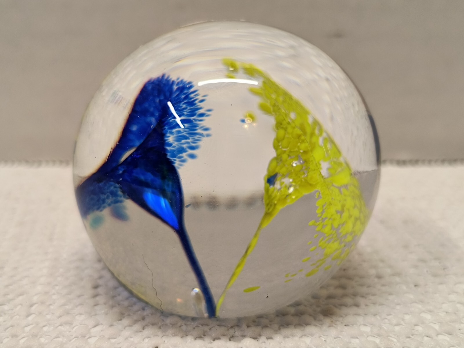 Blown Glass Controlled Bubble Blue and Yellow Flowers Paperweight