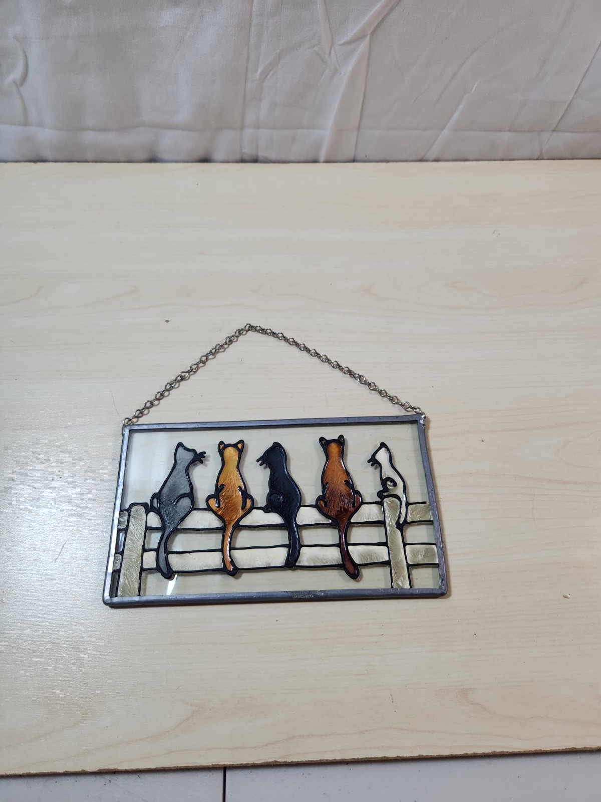 Stained Glass Framed Window Panel FIVE CATS ON A FENCE 7″ x 4 1/8″ Chain Hanger