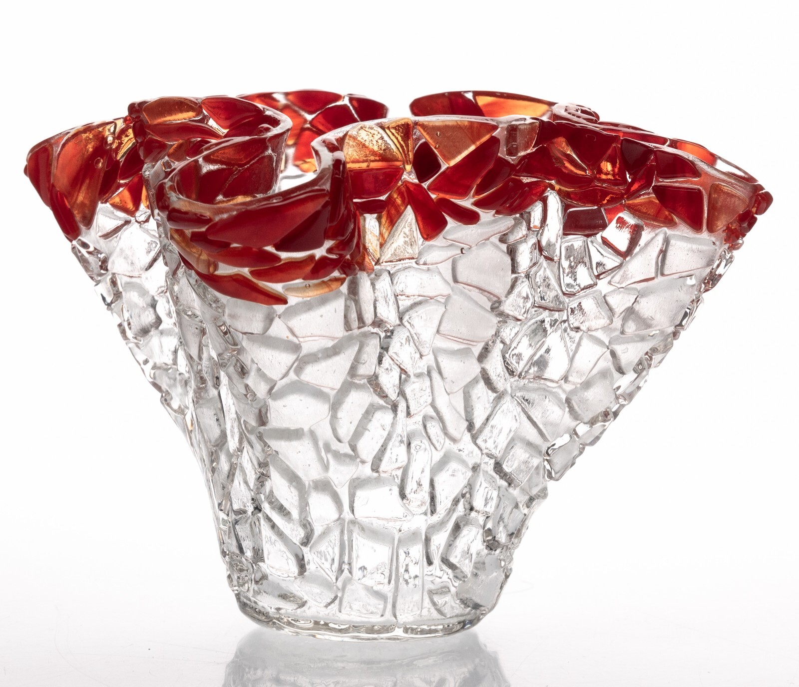Fused Ice Glass Ruby Rim Clear Handkerchief Vase Crackle Unique 5.5x8in 2lbs