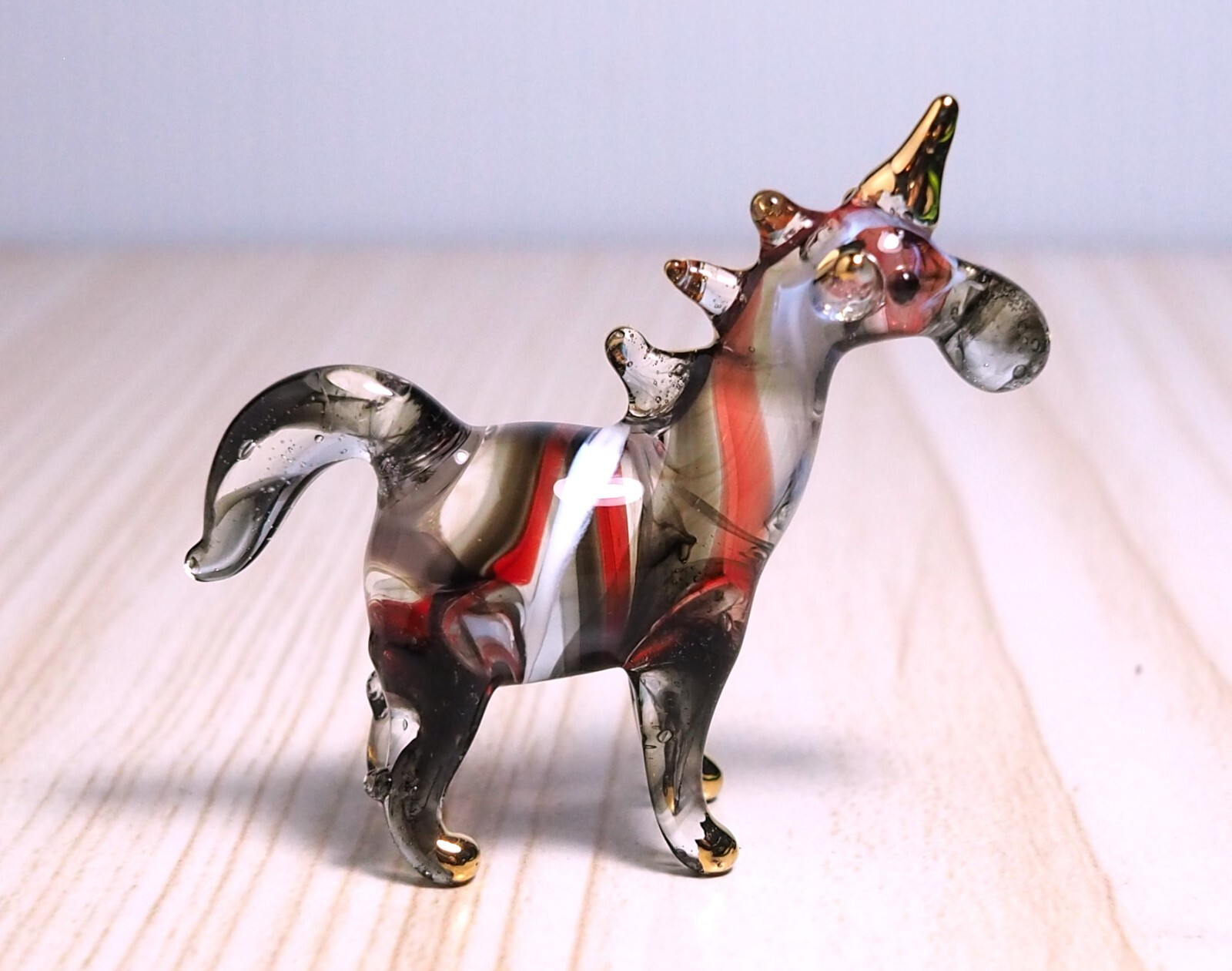 black Unicorn horse figurine hand blown glass art Myth gold trim 1.8″ gift decor