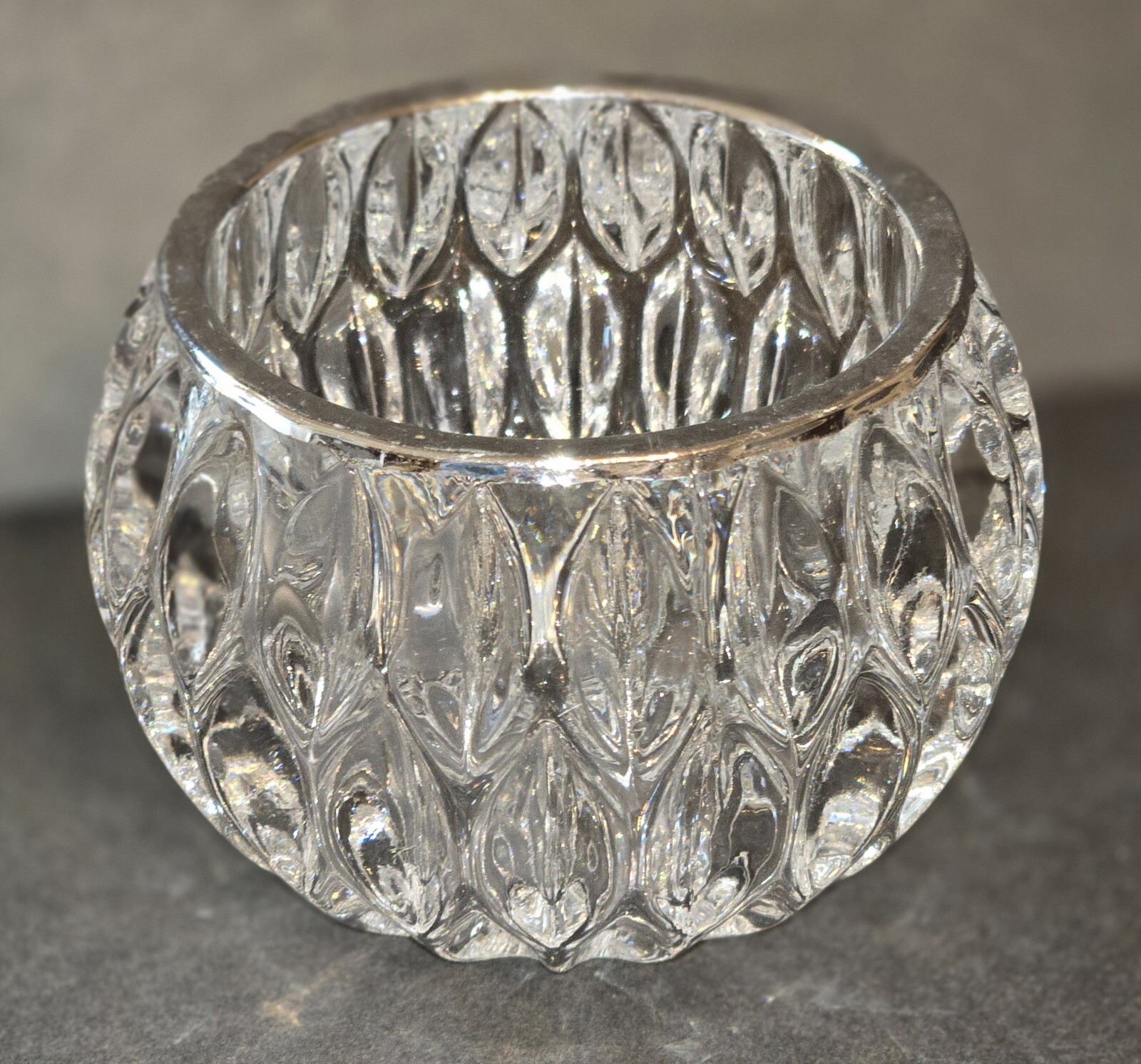 Teardrop Pressed Crystal Glass Votive Candle Holder Vase Silver Banded Elegance