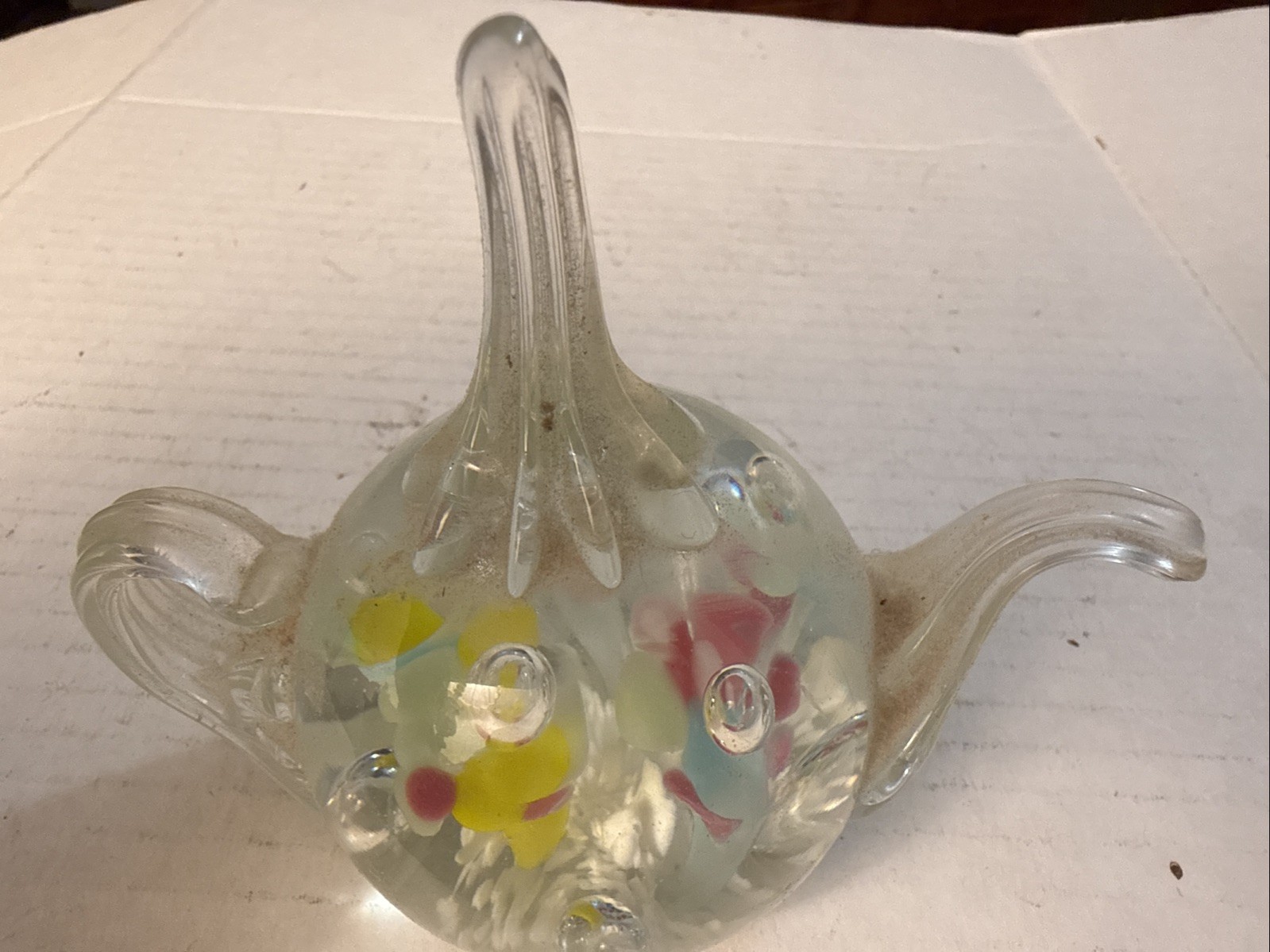 Vtg Joe St. Clair Blue Pink Yellow Floral Blown Art Glass Teapot Paperweight