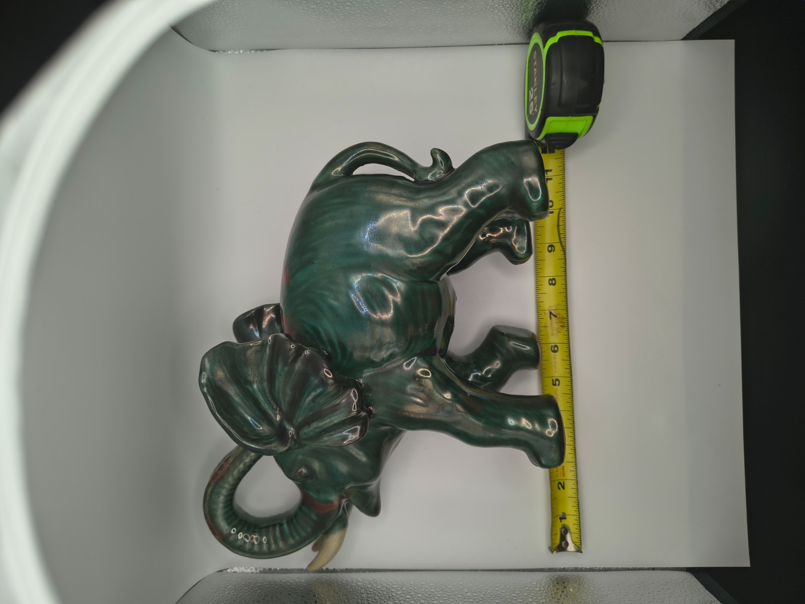 Vtg Elephant Pottery/Ceramic Green Red Glaze 10 inches tall by 11 inches wide