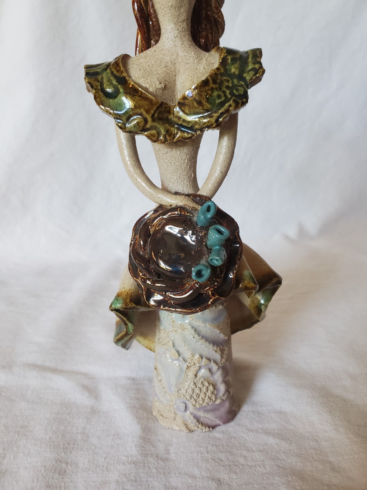 Spaghetti Hair Clay Art Pottery 9.5 Inches Tall Sculpture Woman Holding Hat