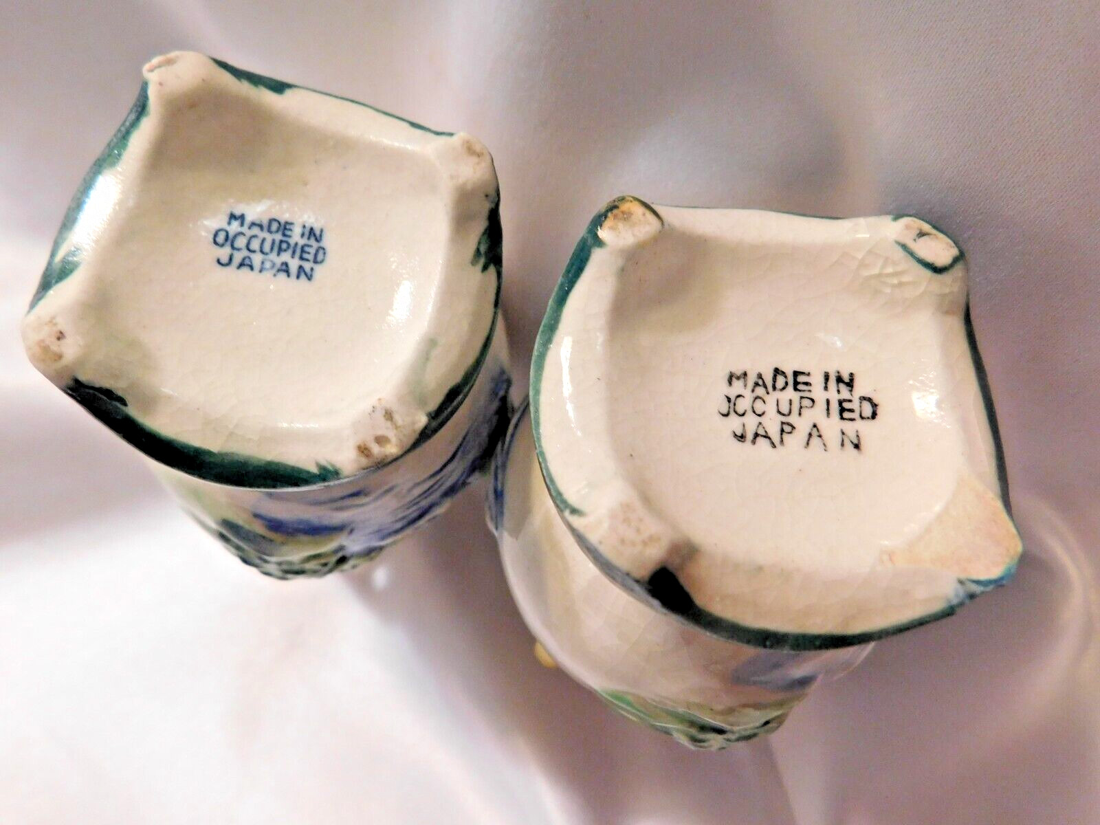 Vintage Majolica Two Handled Embossed Pattern Porcelain Vases Occupied Japan